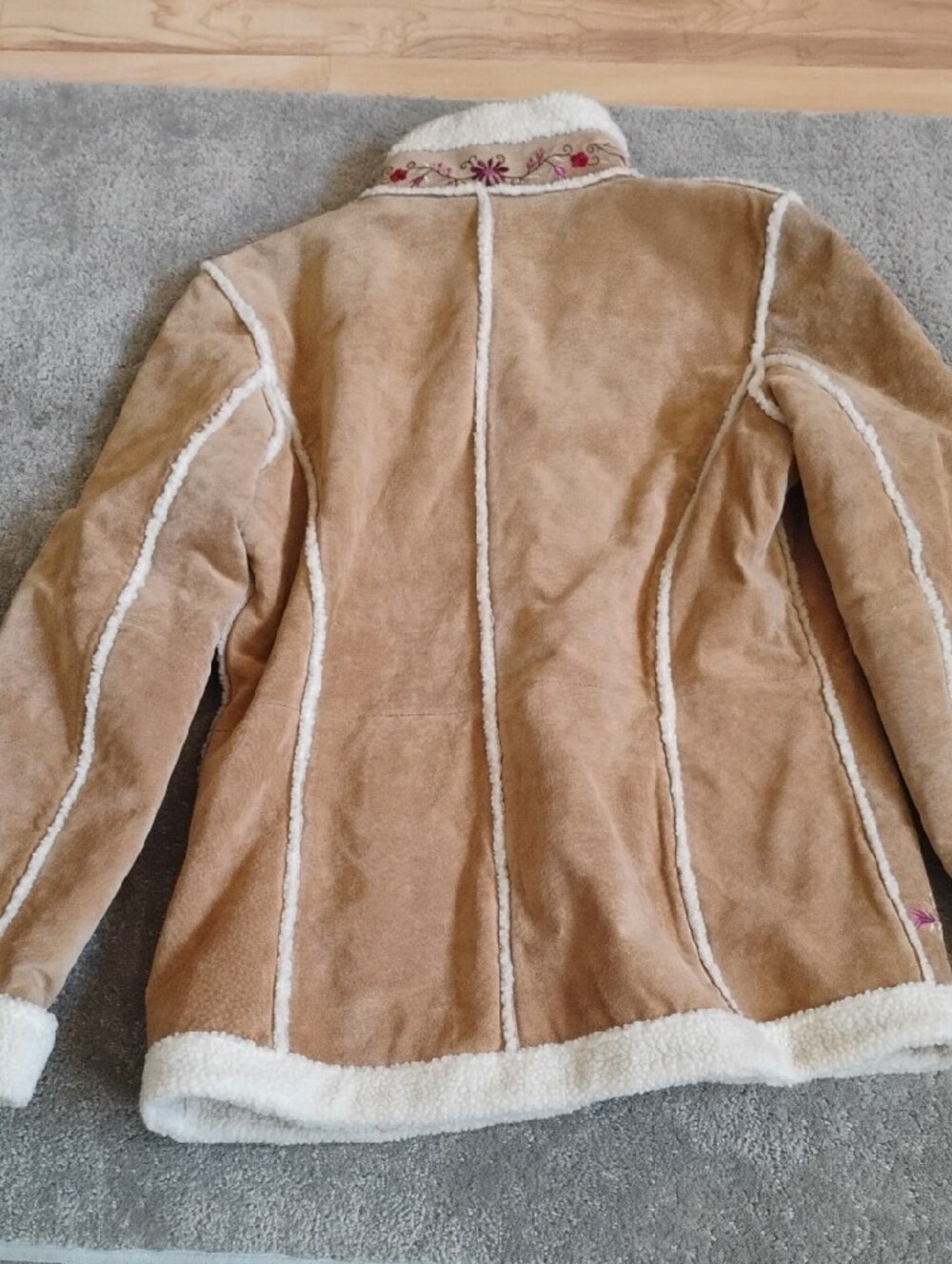 St. John's Bay Tan Suede Jacket with Cream Shearling & Pink Floral Embroidery - Picture 7 of 13